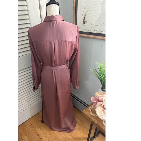 LACADEMIE Womens Shirt Dress Mauve Satin Maxi Belted Quiet Luxury Minimalist S - Picture 5 of 15